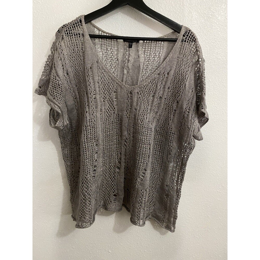 Eileen Fisher Gray Linen Short Sleeve Loose Knit Sweater L M14 - Picture 1 of 7